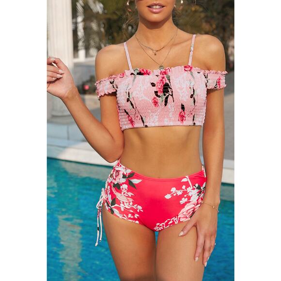 NWT Pink Floral Ruffle Smocked Top Off Shoulder Bikini Swimsuit - Medium - Picture 1 of 7